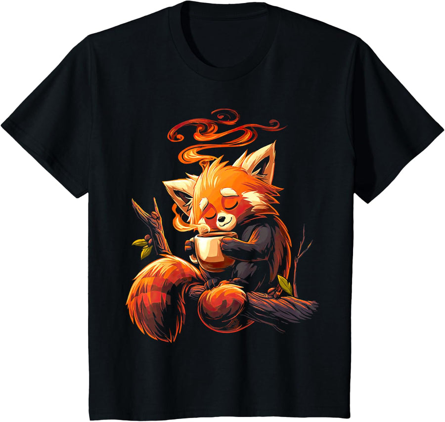 Red Panda Drinking Coffee T-Shirt - Black