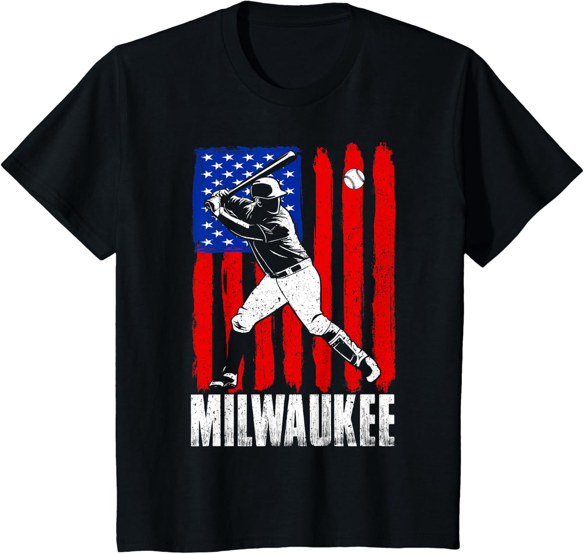 Patriotic American Flag Baseball Milwaukee For Mens Boys T-Shirt - Black