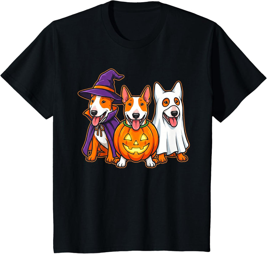 Bull Terrier Halloween Spooky Witch Pumpkin and Ghost Scary T-Shirt - Black