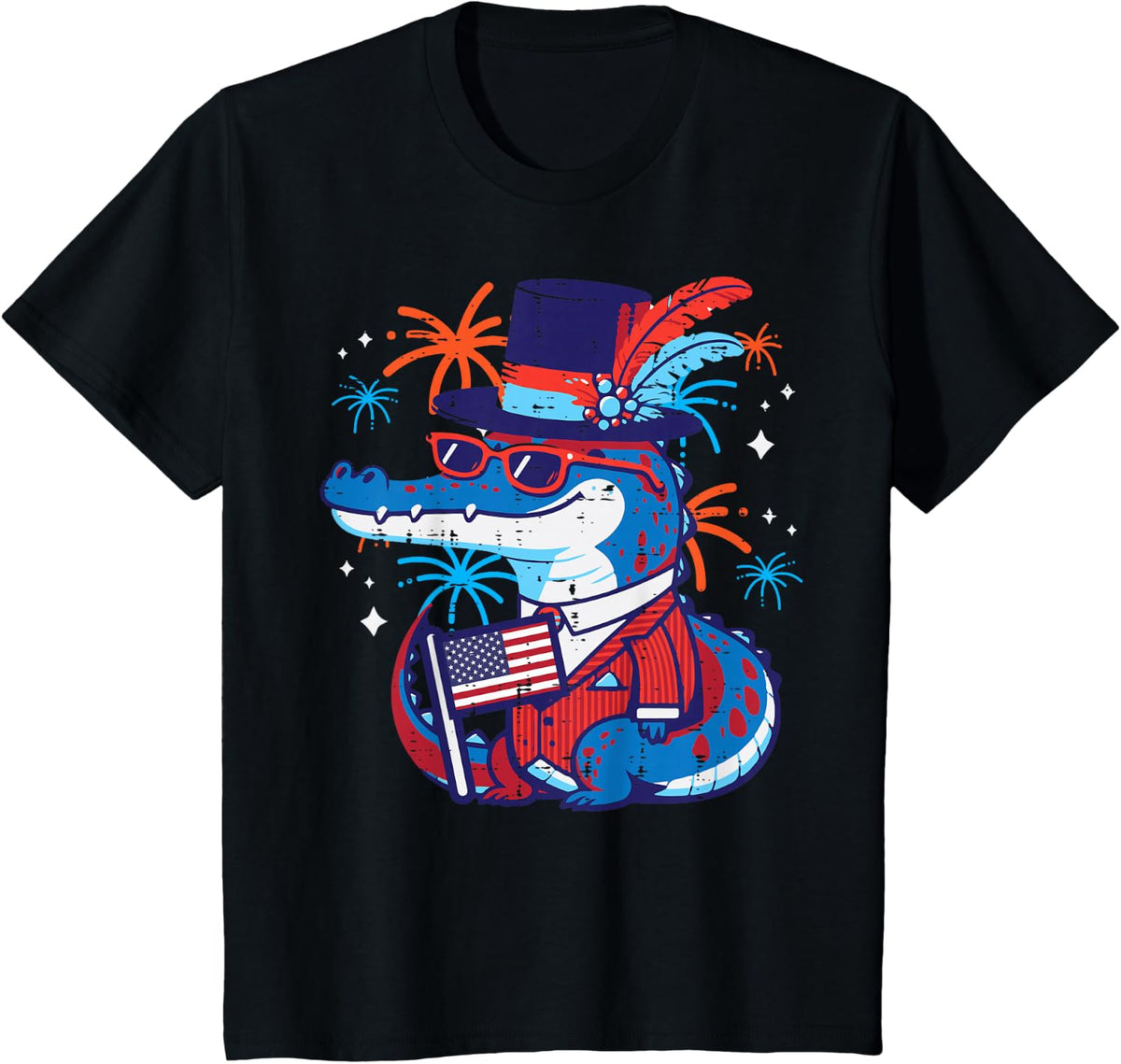 4th Of July Crocodile Funny Alligator Patriot Men Women Kids T-Shirt - Black