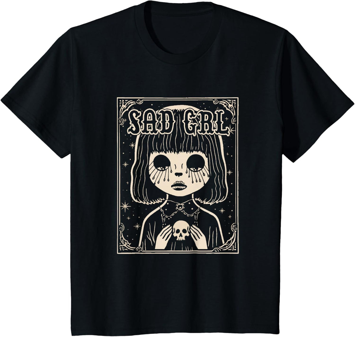 Spooky Sad Grl With Adorable Little Skull T-Shirt - Black