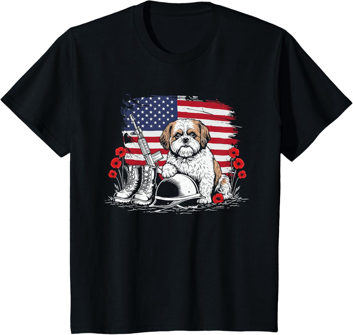Retro Shih Tzu American USA Flag Memorial Day 4th of July T-Shirt - Black
