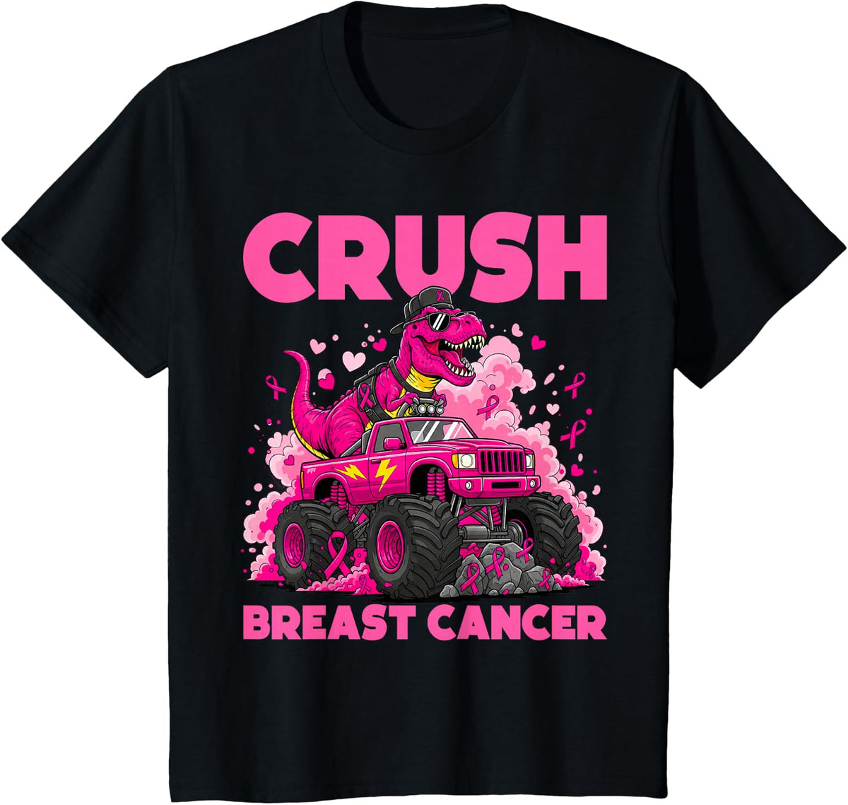 Crush Breast Cancer Dinosaur Monster Truck Pink Ribbon Boy T-Shirt - Black