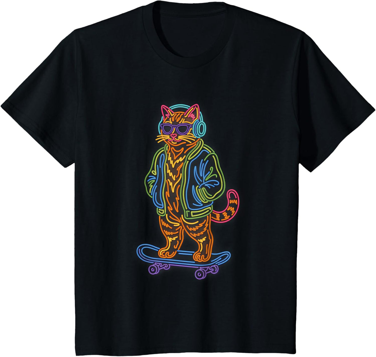 Cool Skateboarding Cat Orange Tabby Headphones Sunglasses T-Shirt - Black