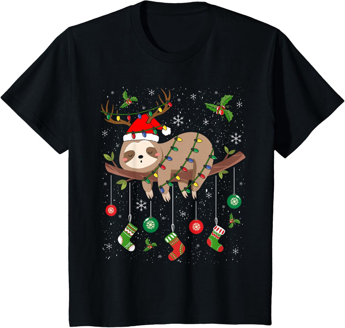Sloths Xmas Lighting Reindeer Santa Hat Sloth Christmas T-Shirt - Black