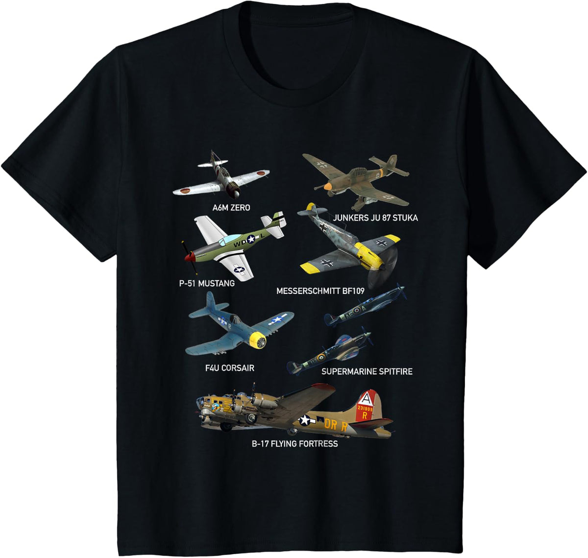 WW2 Planes Warbirds P51 Mustang Spitfire Messerschmitt T-Shirt Small - Black