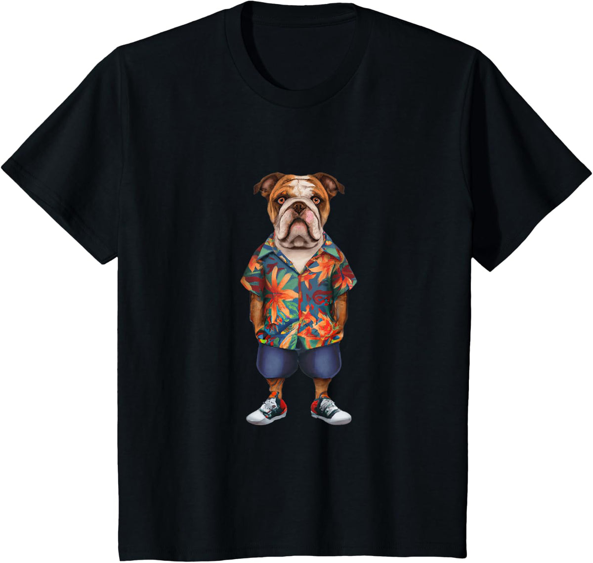 Bulldog Wearing A Hawaiian Shirt And Shorts T-Shirt - Black
