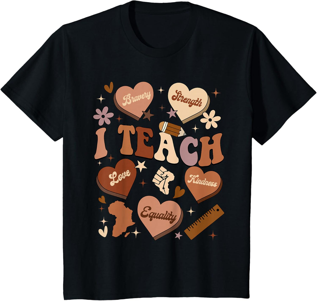 Black History Month I Teach Melanin Hearts Black Teacher T-Shirt - Black