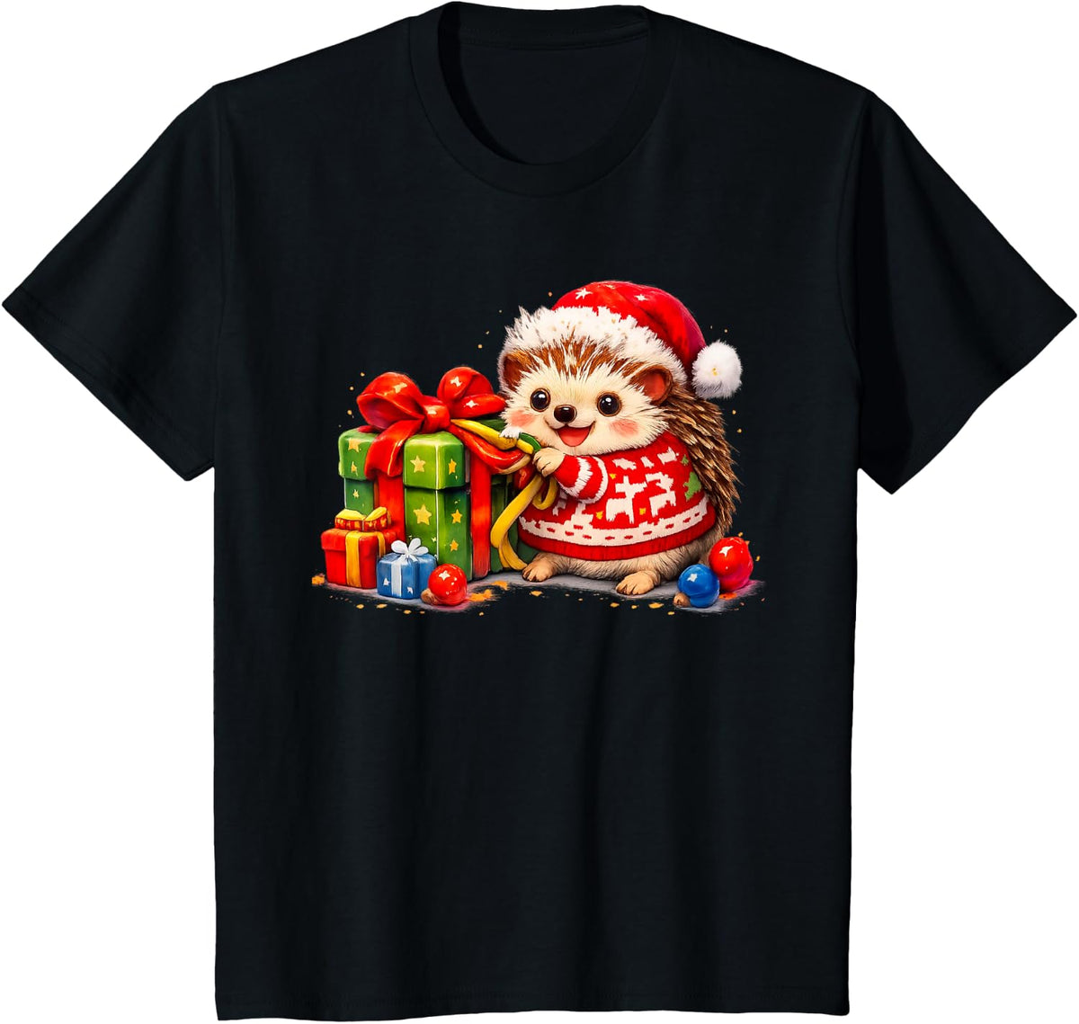 Cute Hedgehog Santa Hat Kids Christmas Holiday Funny Animal T-Shirt - Black