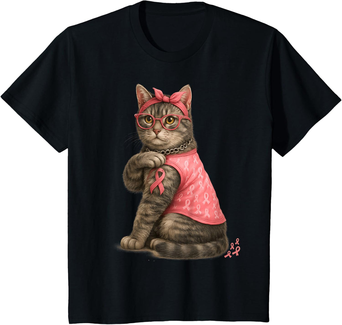 Gray Tabby Cat Pink Ribbon Breast Cancer Awareness Kitty T-Shirt - Black