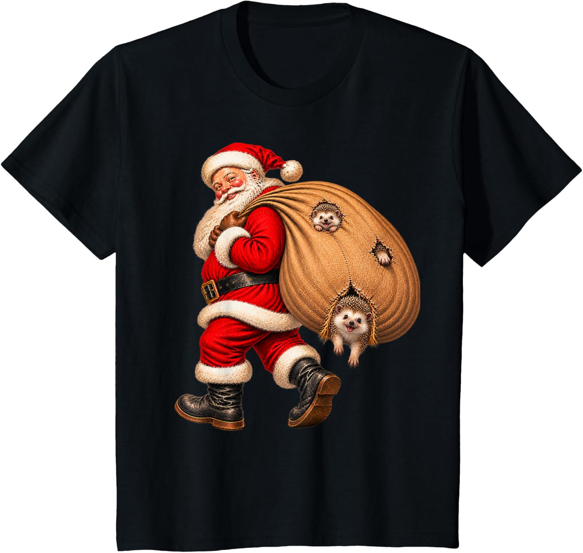 Santa Claus Delivering Hedgehog Presents Naughty T-Shirt - Black