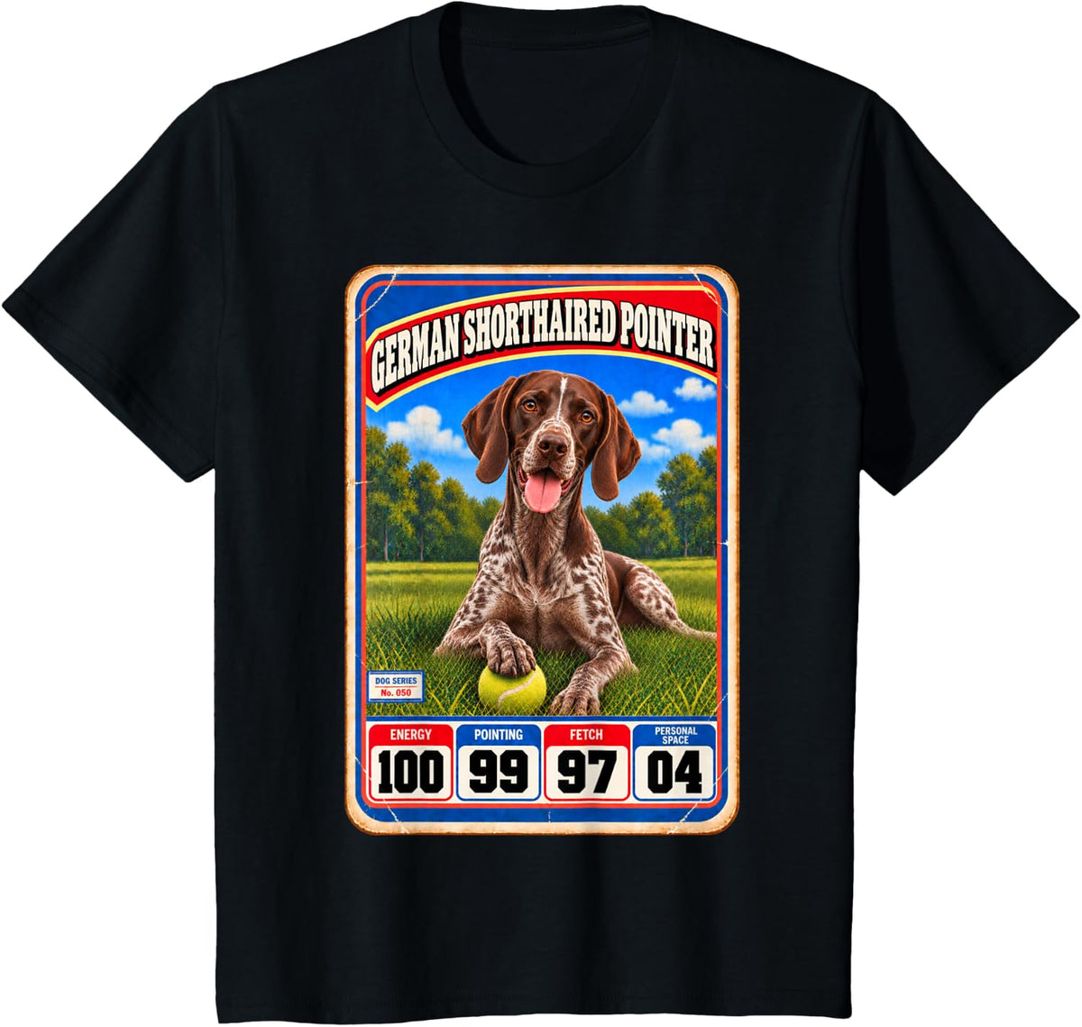 German Shorthaired Pointer Vintage 70s Sports Trading Card T-Shirt - Black