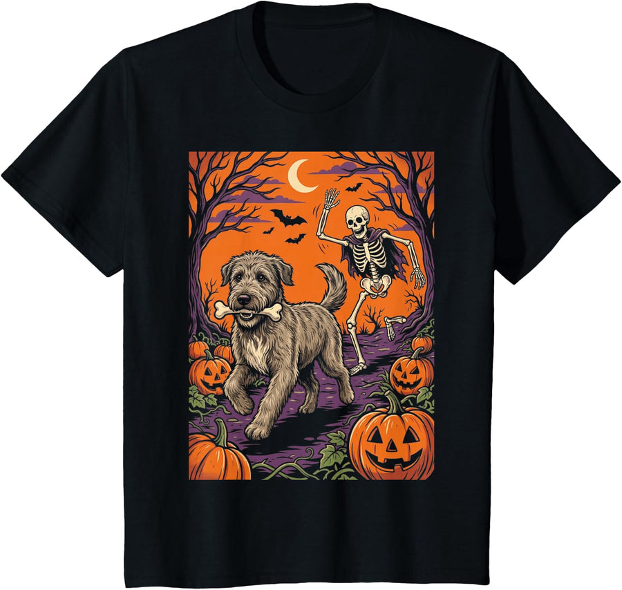 Irish Wolfhound Dog Stealing Bone from Skeleton Halloween T-Shirt - Black