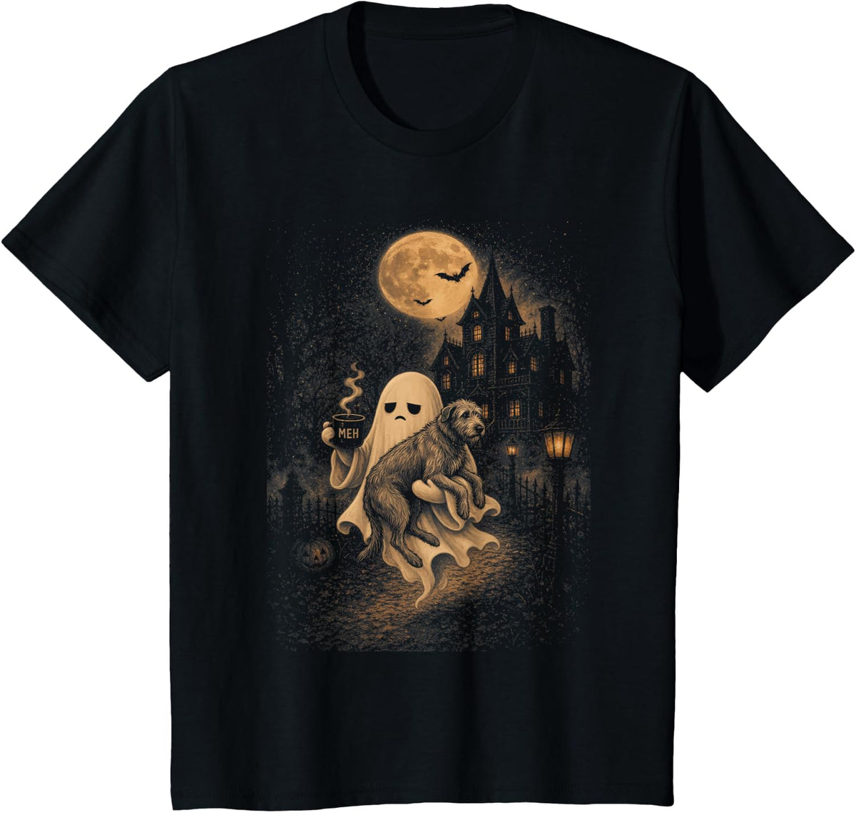 Vintage Irish Wolfhound Ghost Coffee Spooky Halloween T-Shirt - Black