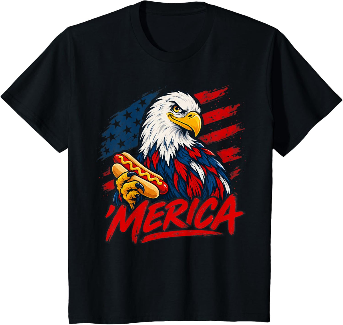 Merica Bald Eagle Hot Dog Aviator Sunglasses Patriotic T-Shirt - Black
