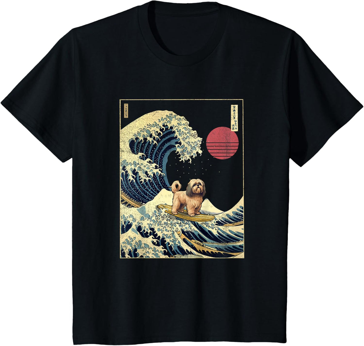 Lhasa Apso Japanese Kanagawa Wave Funny Surf Dog Men Women Kids T-Shirt - Black