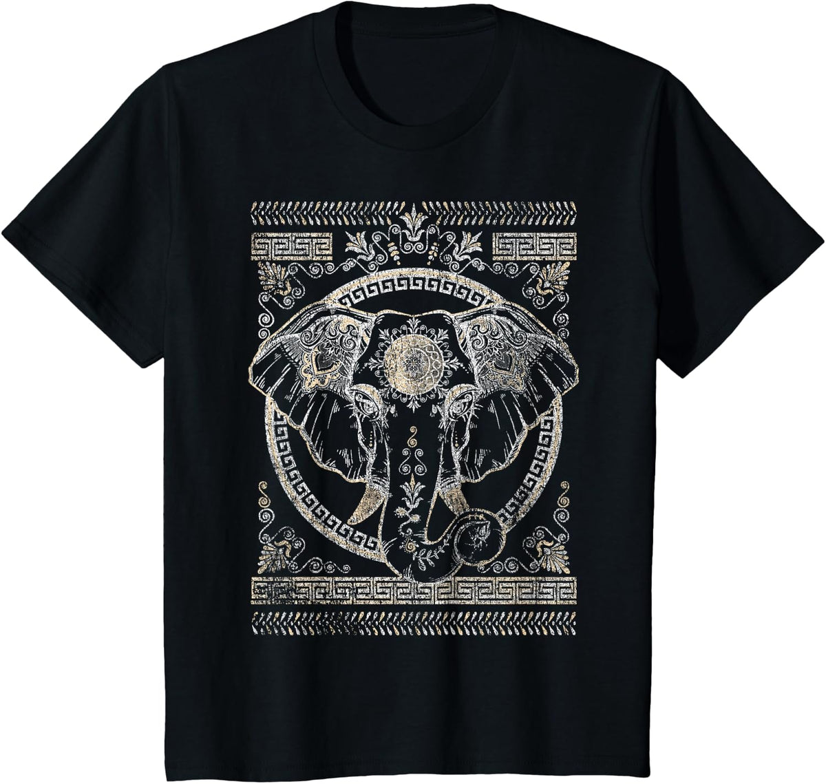 Golden Boho Elephant Henna Graphic T-Shirt - Black