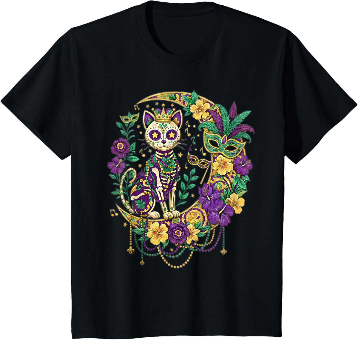 Mardi Gras Costume Sugar Skull Cat Carnival New Orleans T-Shirt - Black