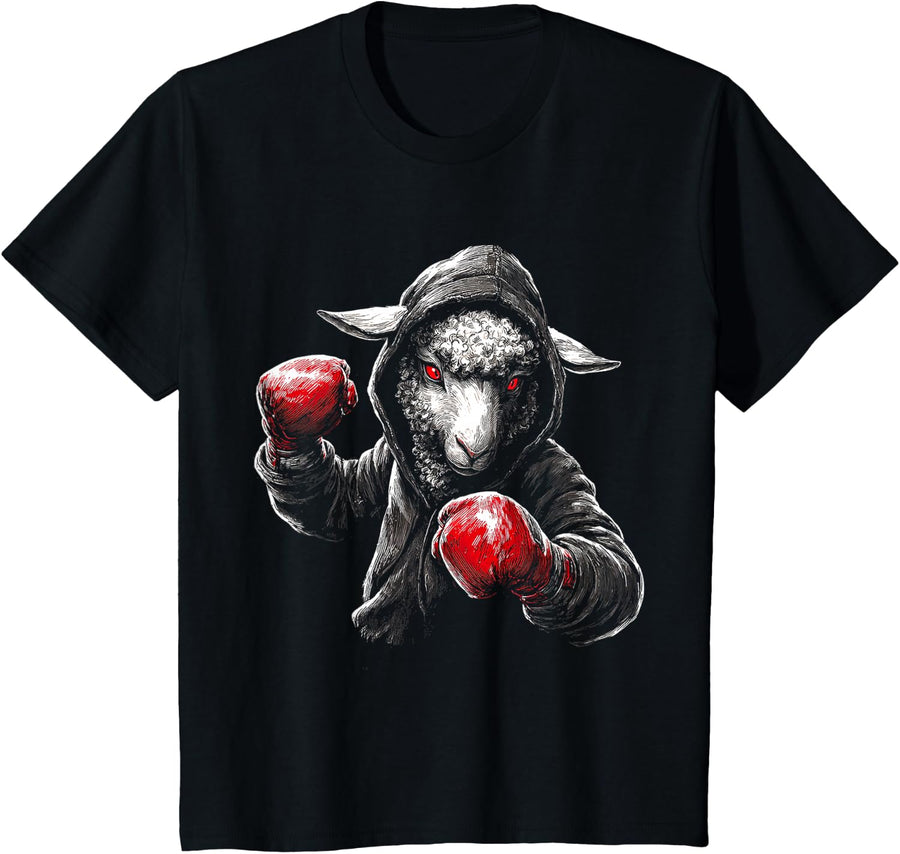 Sheep Boxing Fitness Drawing Animal Face Motif T-Shirt - Black