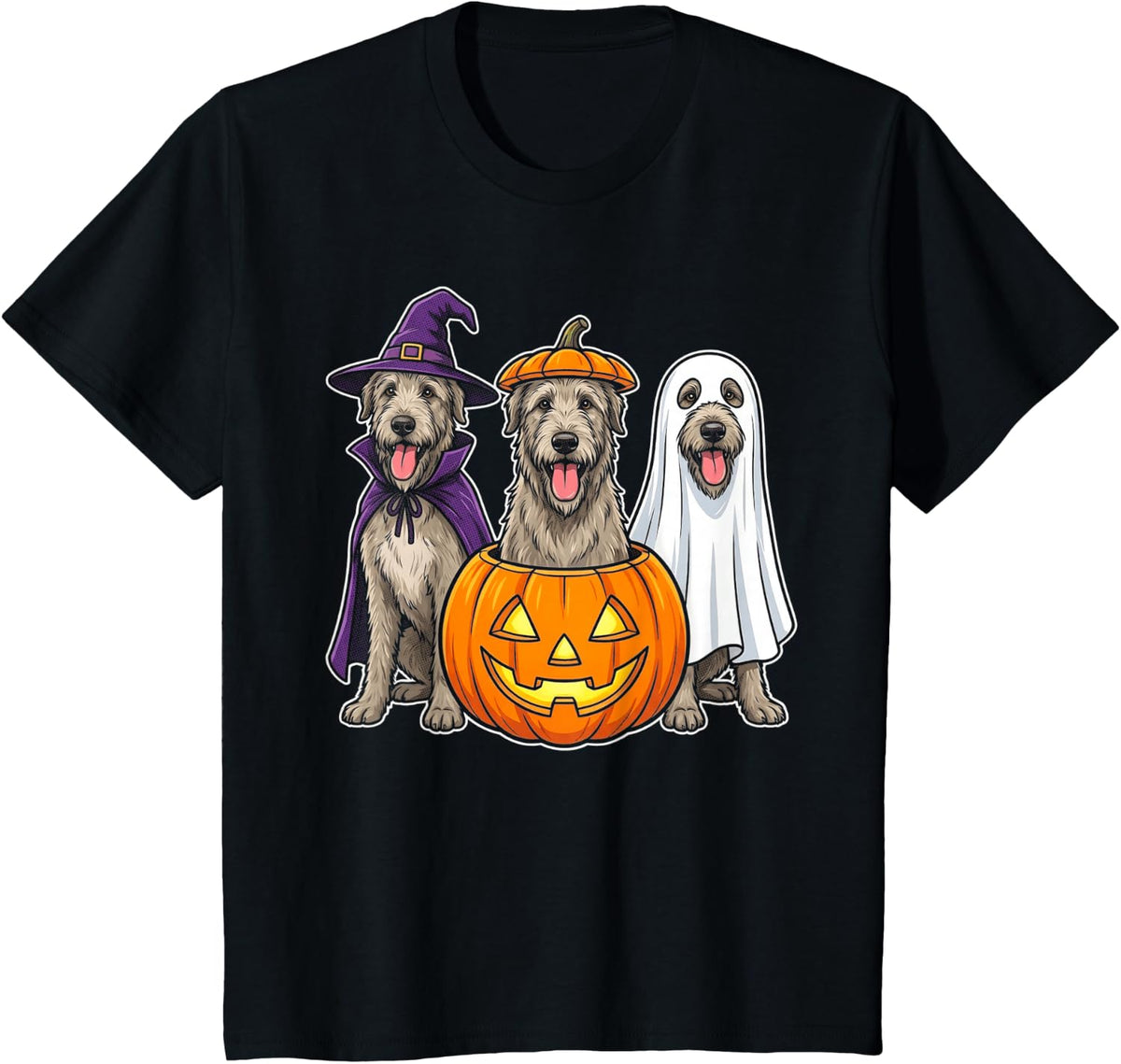 Irish Wolfhound Halloween Spooky Witch Pumpkin and Ghost T-Shirt - Black