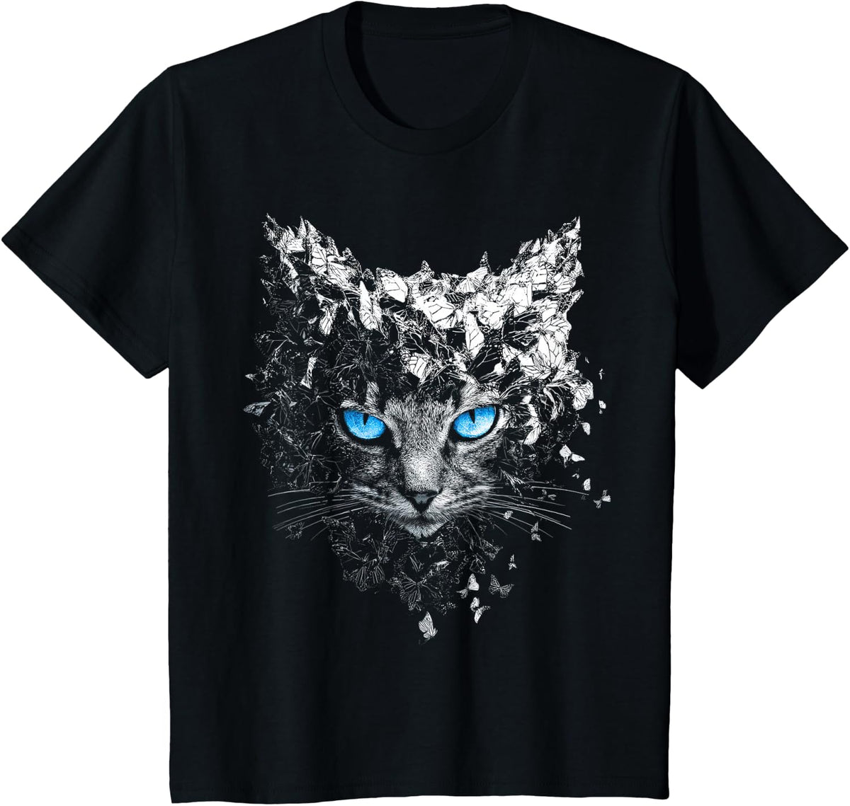 Cute Tabby Cat Blue Eyes Design Butterfly T-Shirt - Black