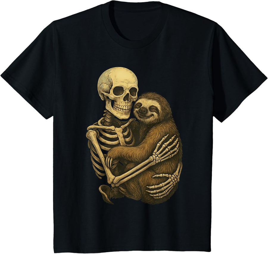 Skeleton Hugging Sloth Funny Halloween T-Shirt - Black