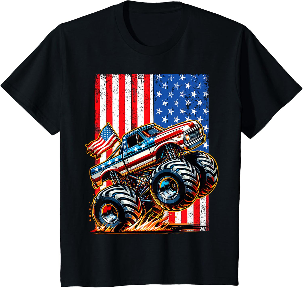 Monster Truck With American Flag 4th of July USA Patriotic T-Shirt - Black
