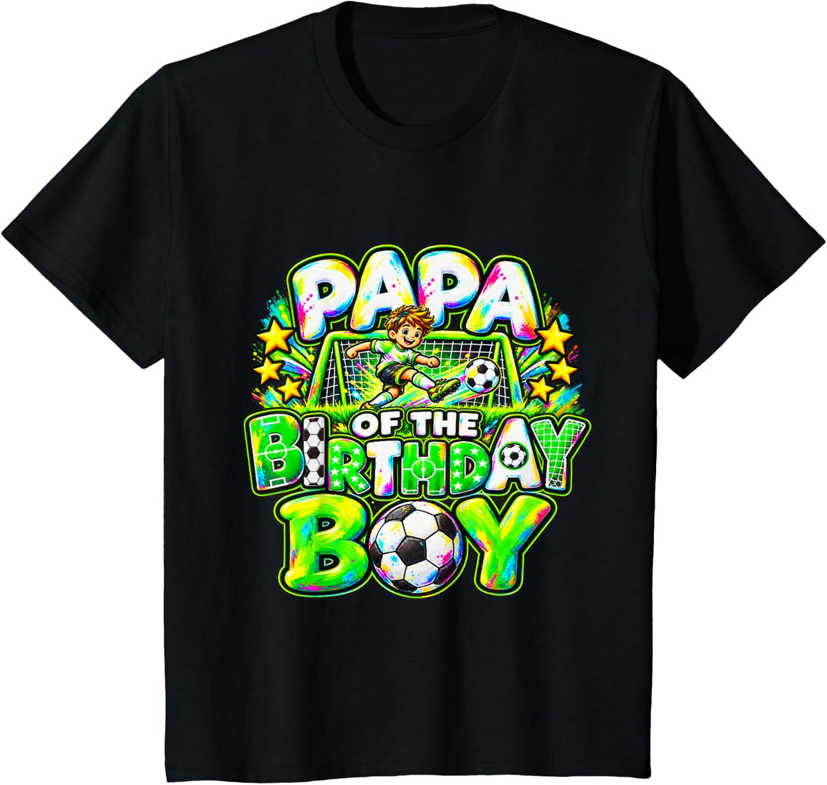 Papa of The Birthday Boy Soccer Player Colorful T-Shirt - Black