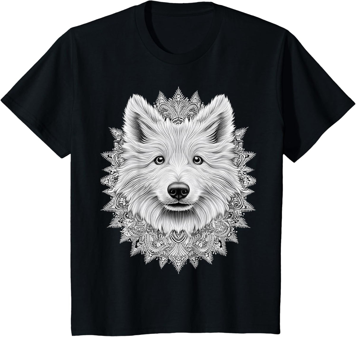 Samoyed Dog Motif Pet Illustration Mandala T-Shirt - Black