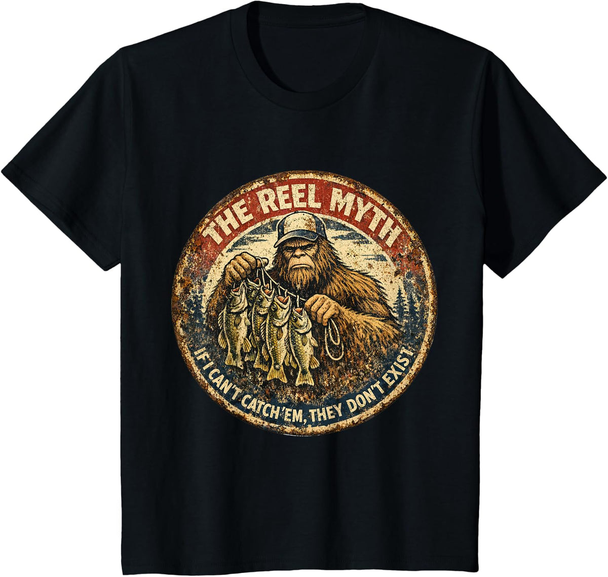 Reel Myth Bigfoot Sasquatch Bass Fishing Outdoor Fathers Day T-Shirt - Black