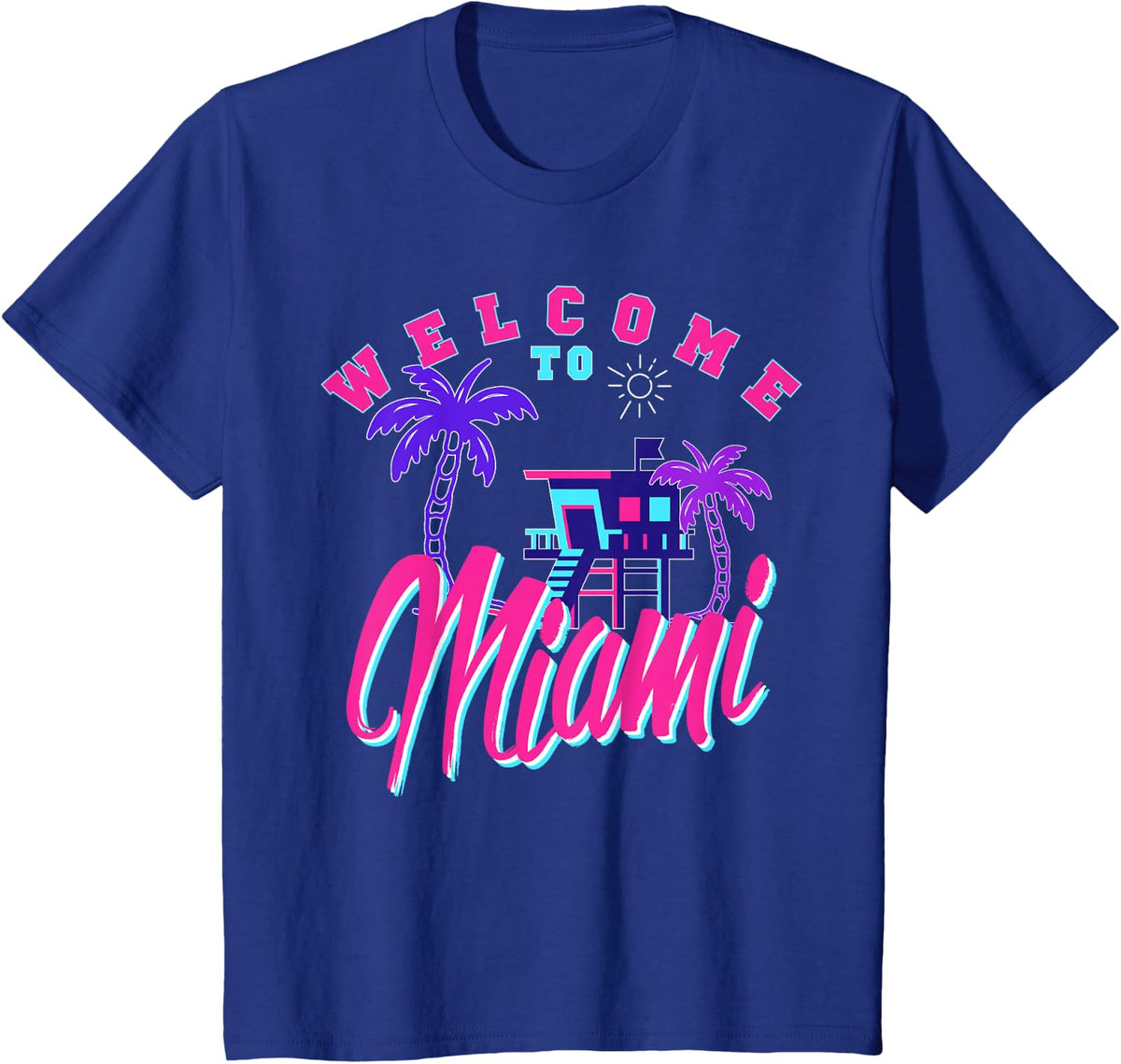 Vintage Welcome To Miami Beach Florida Souvenir Palm Trees- T-Shirt - Royal Blue