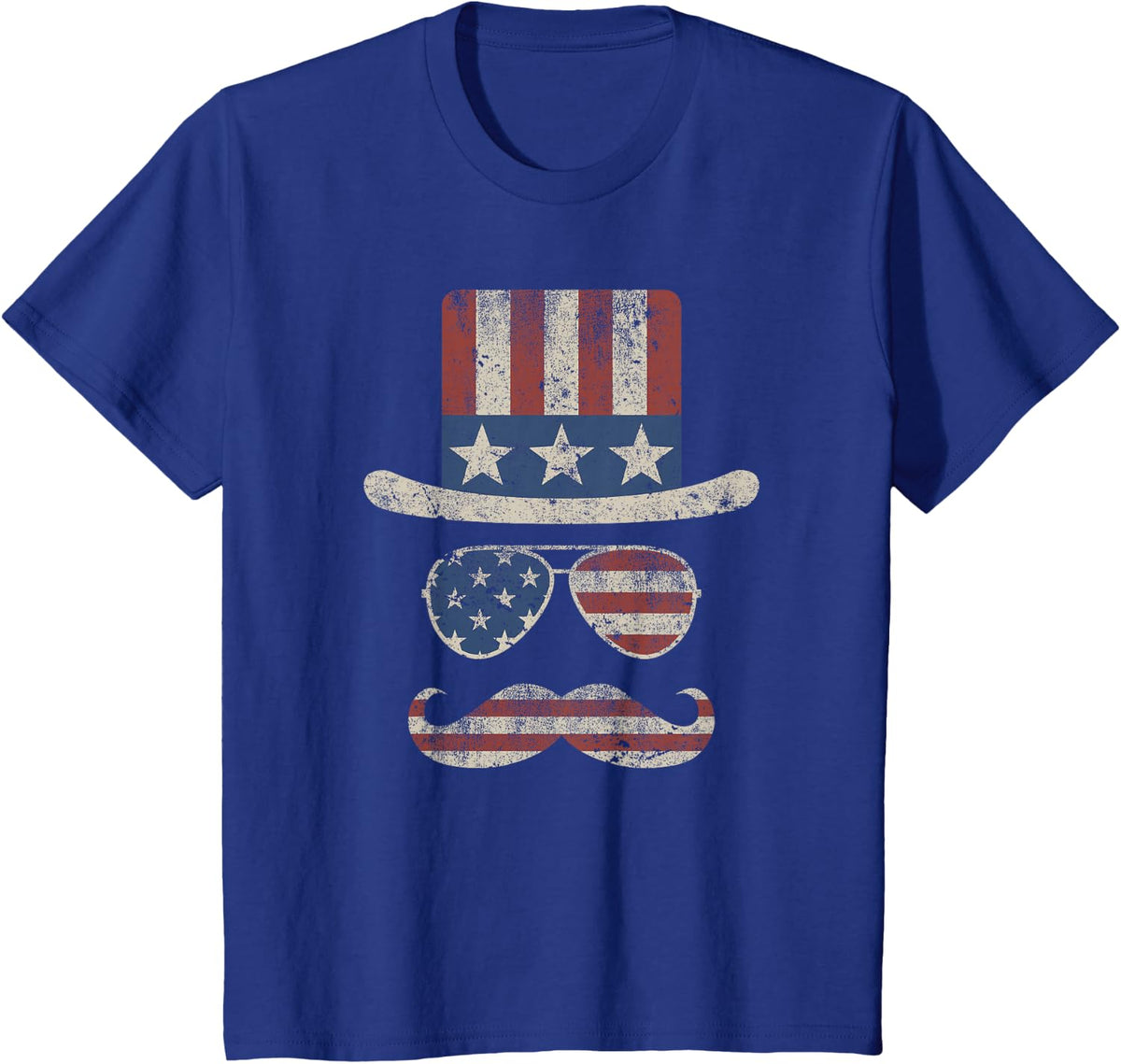 4th of July Hat Glasses Mustache Funny Uncle Sam Vintage USA T-Shirt - Royal Blue