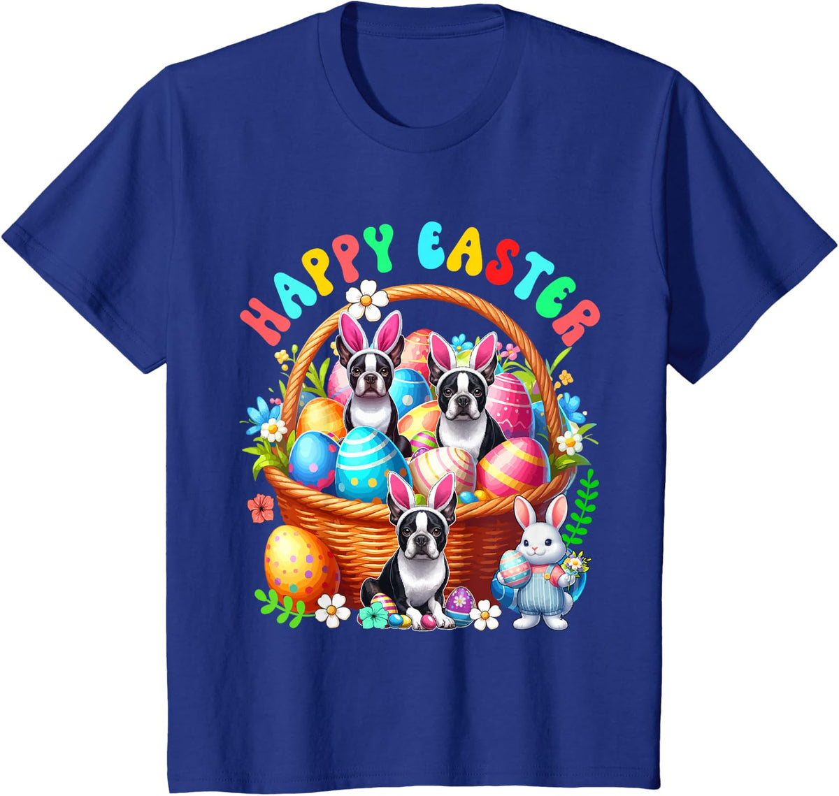 Three Easter Bunny Boston Terriers In Eggs Basket Flowers T-Shirt - Royal Blue