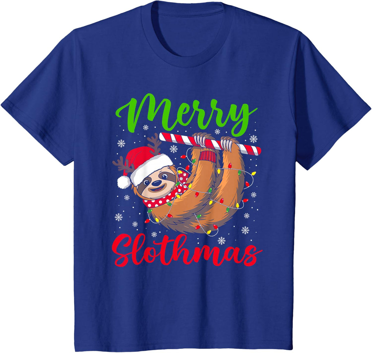 Merry Slothmas Sloth Christmas Lights Santa Hat Xmas Pajamas T-Shirt - Royal Blue