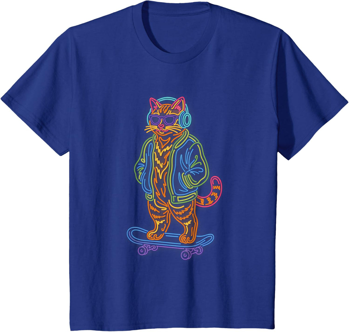 Cool Skateboarding Cat Orange Tabby Headphones Sunglasses T-Shirt - Royal Blue