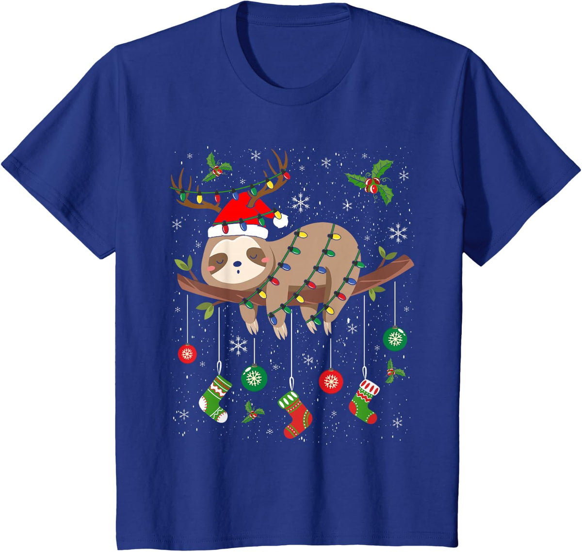 Sloths Xmas Lighting Reindeer Santa Hat Sloth Christmas T-Shirt - Royal Blue