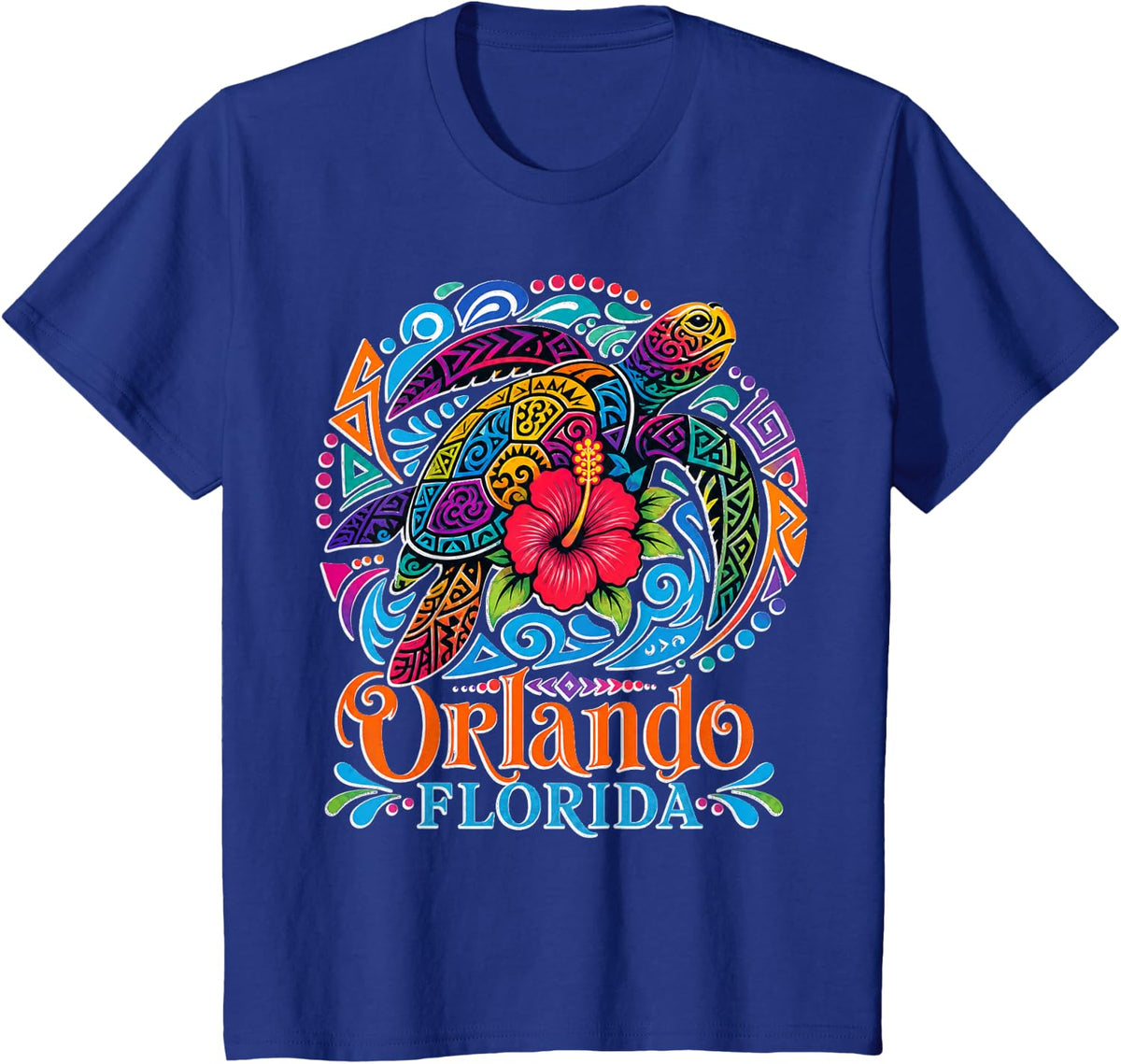 Tribal Sea Turtle with Hibiscus in Orlando T-Shirt - Royal Blue
