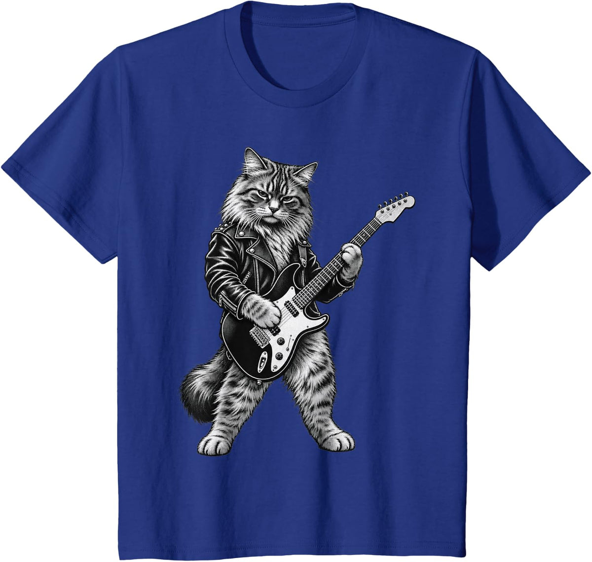 Tabby Cat Biker Guitarist Comic Ink Illustration T-Shirt - Royal Blue