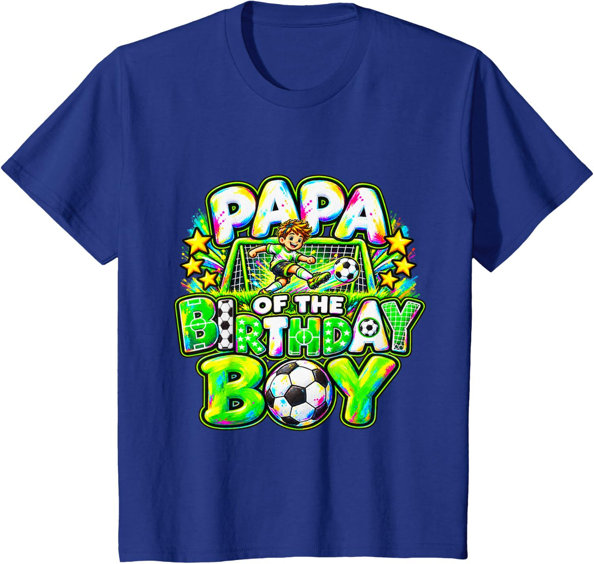 Papa of The Birthday Boy Soccer Player Colorful T-Shirt - Royal Blue
