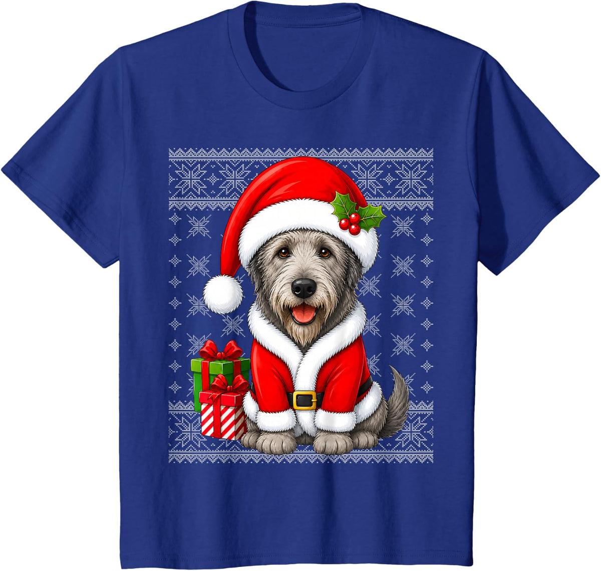 Irish Wolfhound Dog in Christmas Santa Costume Ugly Xmas T-Shirt - Royal Blue