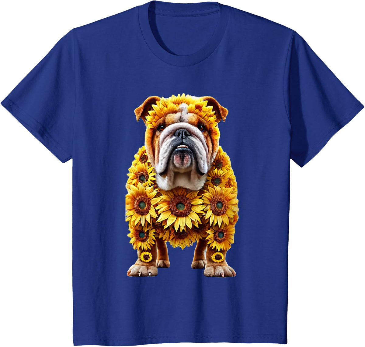 Sunflower English Bulldog Dog Flower Gardening Floral T-Shirt - Royal Blue