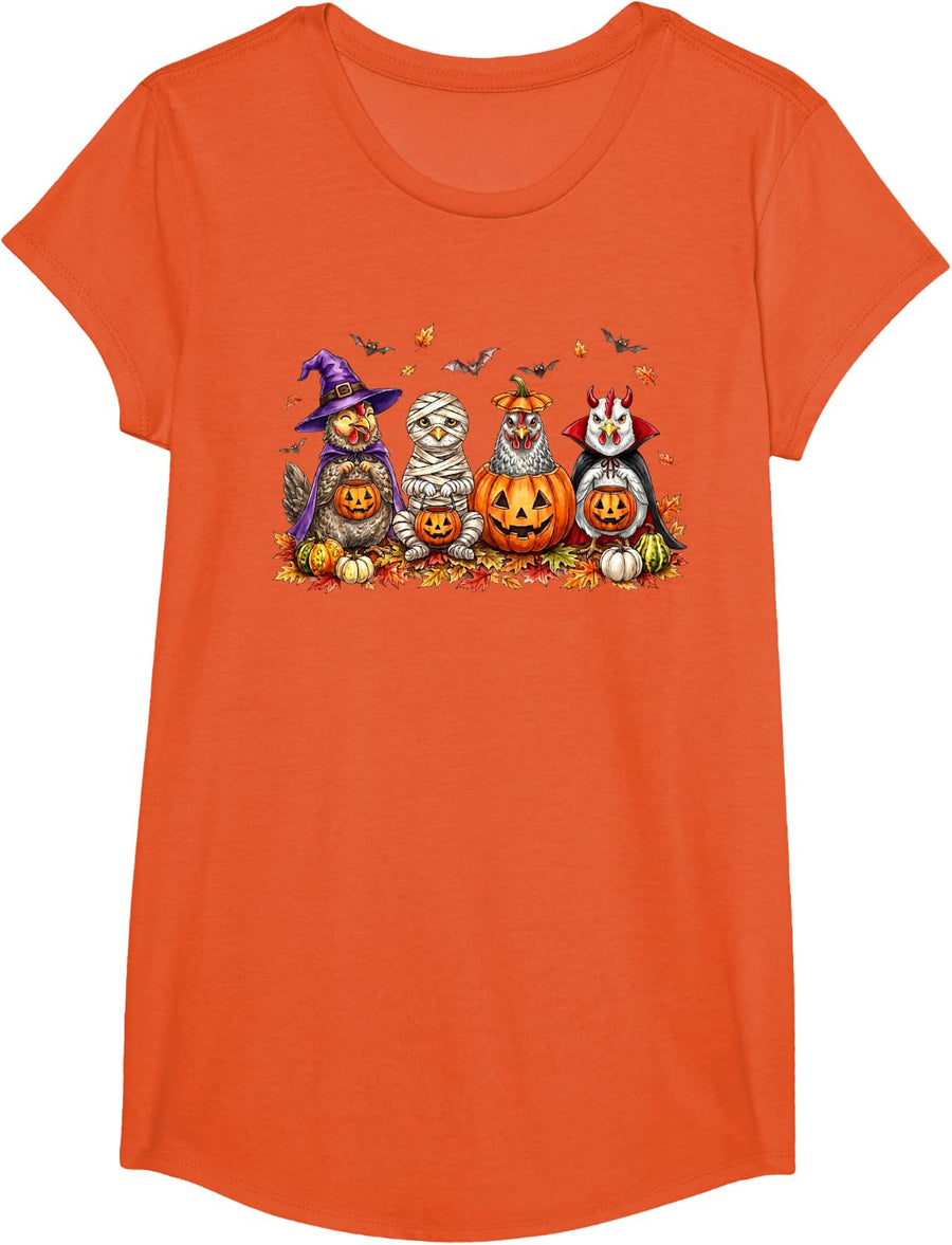 Spooky Halloween Chicken Pumpkin Costume Farm Men Women T-Shirt - Girls Orange