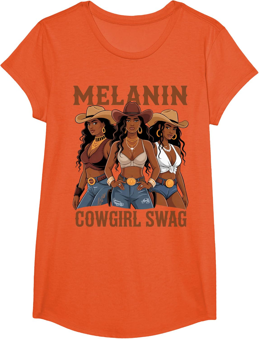Black African Melanin Cowgirl Swag Western Country Texas T-Shirt - Girls Orange