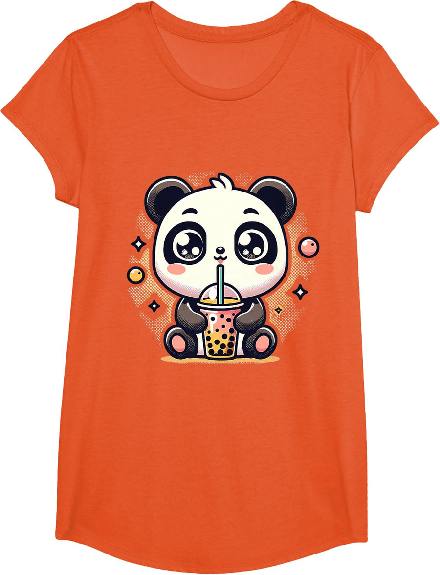 Panda Kawaii Boba Bubble Tea Cute Anime For Kids T-Shirt - Girls Orange