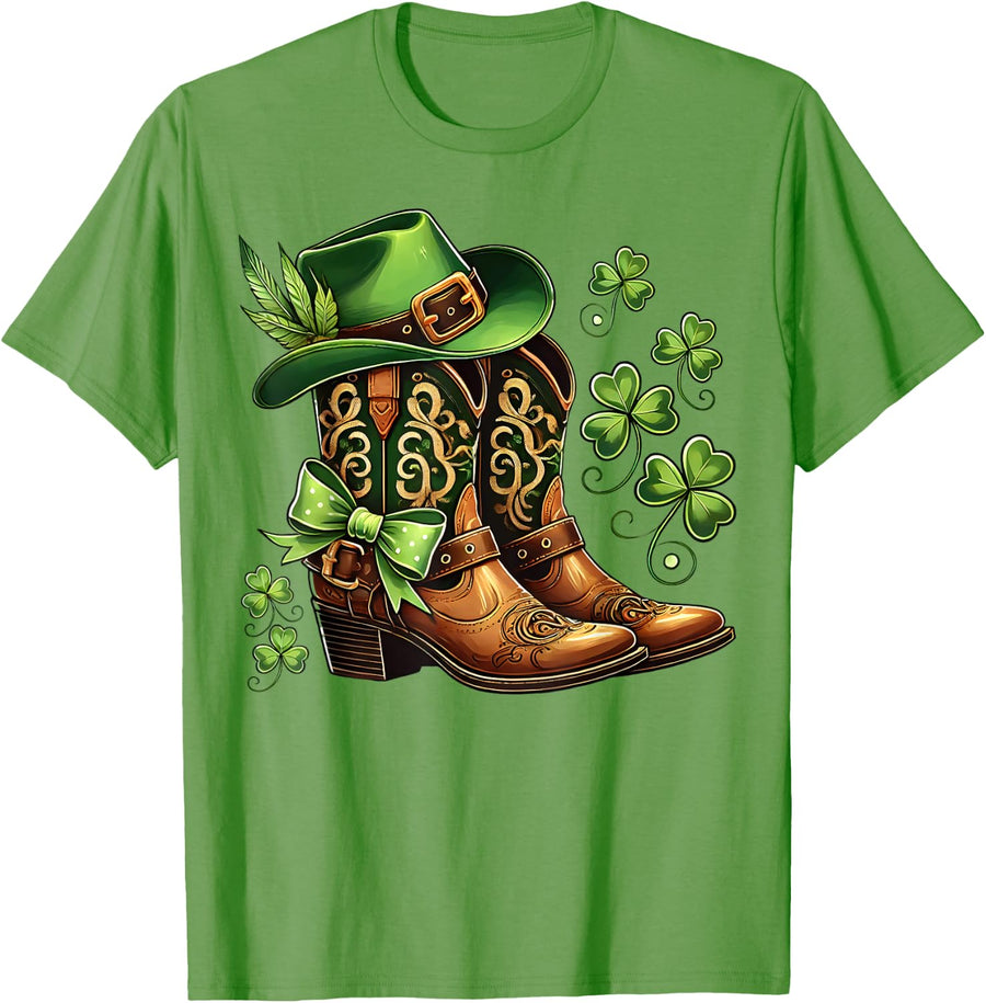 Cowgirl Boots St Patrick's Day Cute Coquette Bow Women Girls T-Shirt - Grass Green