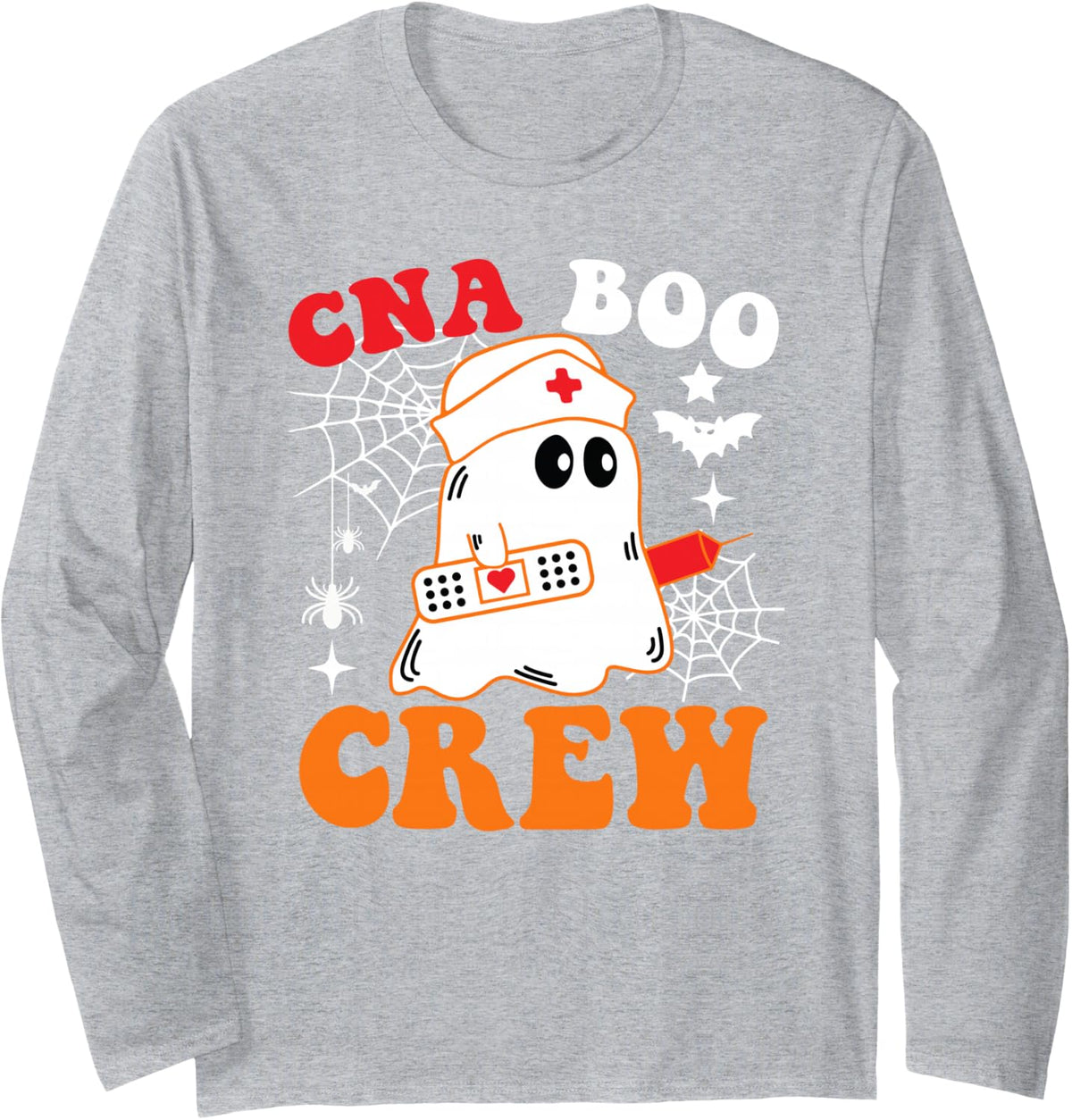 CNA Boo Crew Funny Nurse Ghost Halloween Costume Long Sleeve T-Shirt - Adult Unisex Heather Grey
