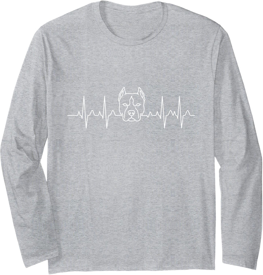 Pitbull Heartbeat EKG Pulse Line Art Dog Lover Long Sleeve T-Shirt - Adult Unisex Heather Grey