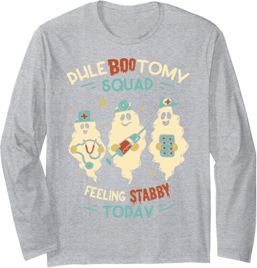 Phlebotomy Halloween Funny Ghosts Phlebotomist Art Long Sleeve T-Shirt - Adult Unisex Heather Grey