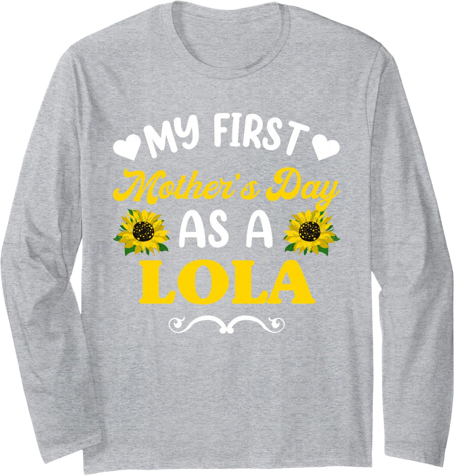 First Mothers Day Lola Sunflower Shirt, Grandma Long Sleeve T-Shirt - Adult Unisex Heather Grey
