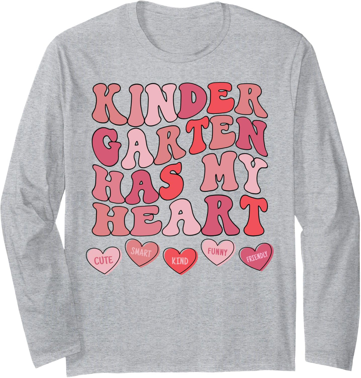 Kindergarten Has My Heart Groovy Valentines Day Teacher Long Sleeve T-Shirt - Adult Unisex Heather Grey